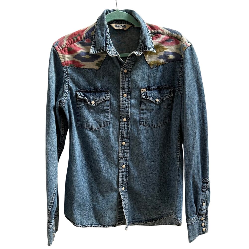 Salt Valley Western Pearl Snap Denim Shirt SZ S Aztec Ranch Rodeo Cowgirl
